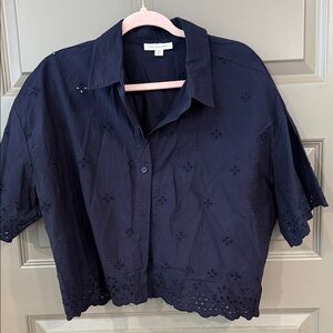 Ever New Navy Button Down Eyelet Top
